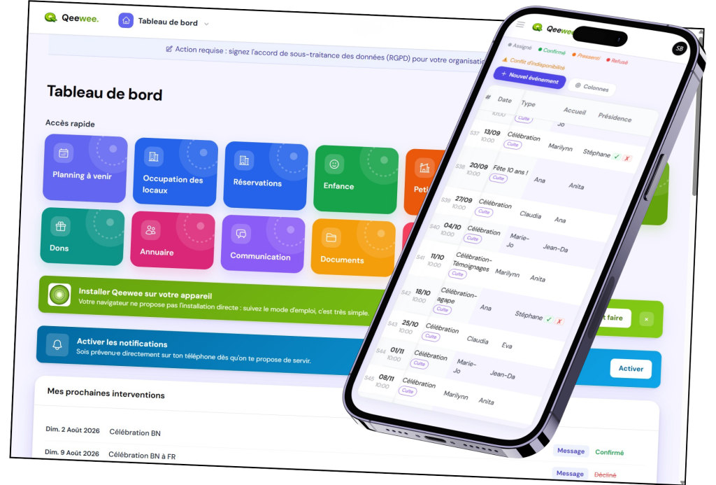 Tableau de bord Qeewee sur ordinateur et planning sur téléphone