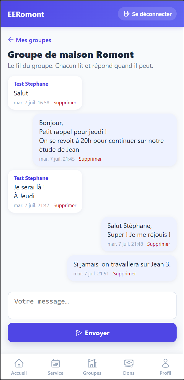Messages d'un groupe dans l'espace membre Qeewee