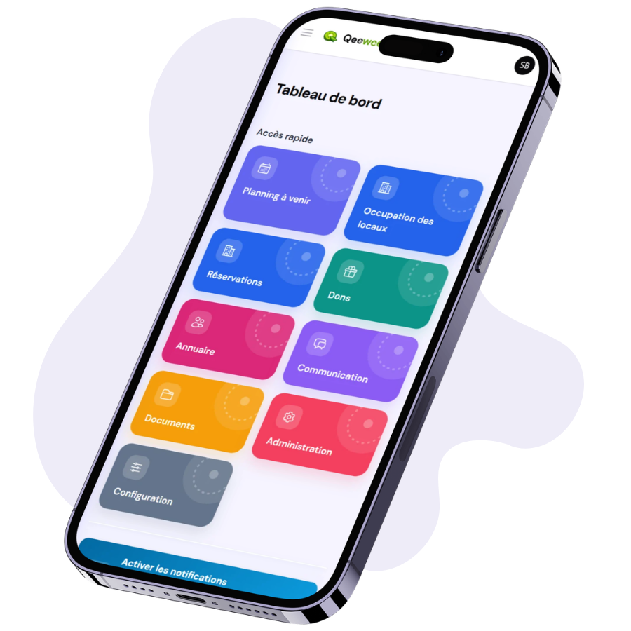 Tableau de bord Qeewee, accès rapide aux modules