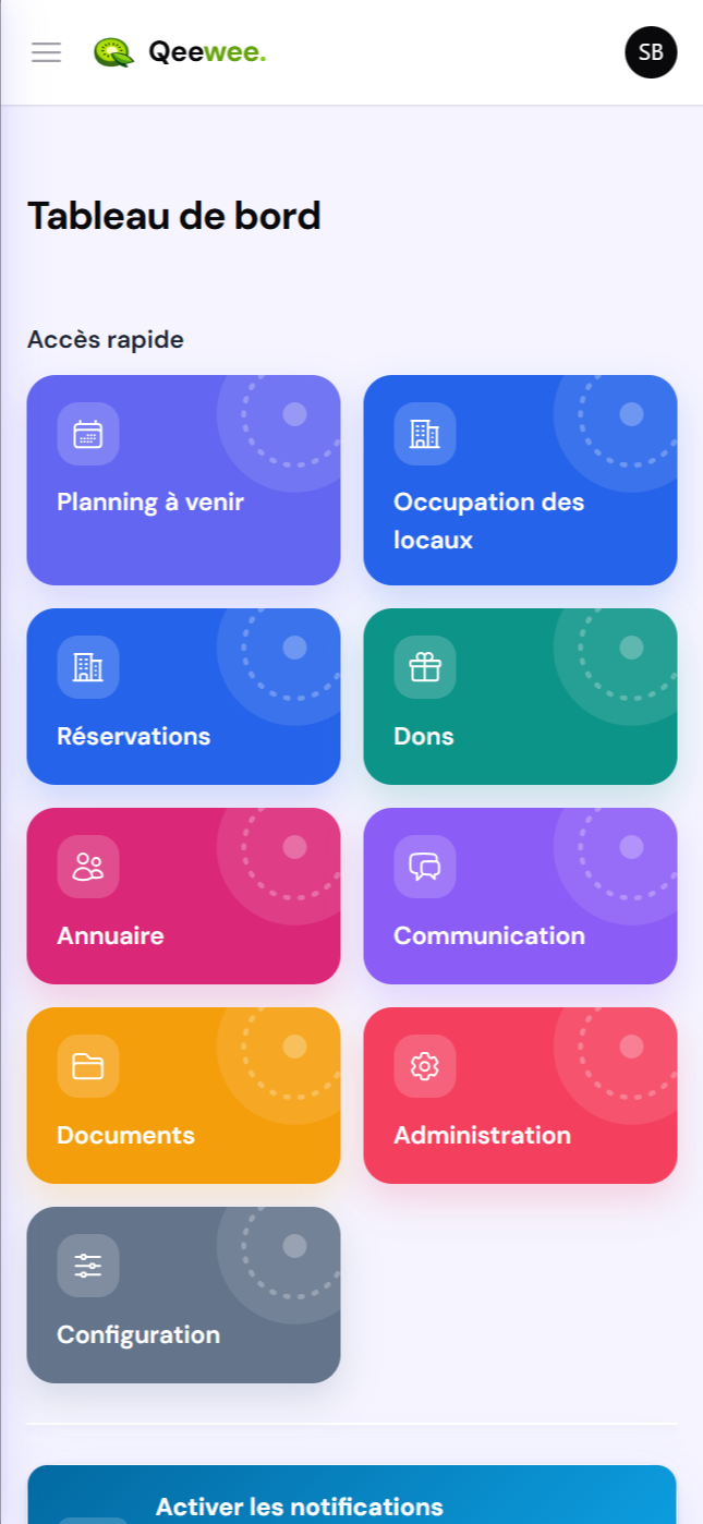 Tableau de bord de l'administration Qeewee